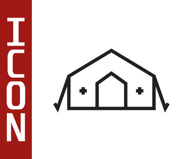 黑线军用医疗帐篷提供急救病人的图标隔离在白色背景。医疗帐篷为人们提供免费援助。向量图片下载