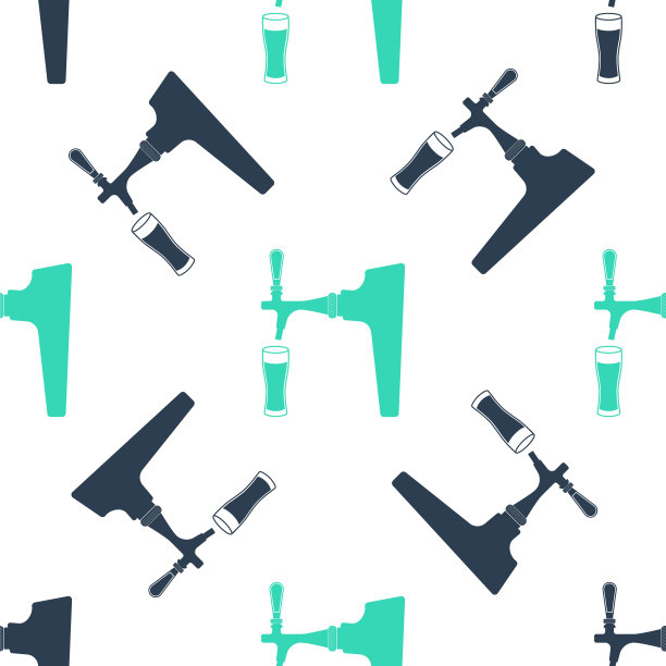 绿色啤酒水龙头与玻璃图标隔离无缝模式上的白色背景。向量图片下载