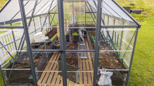 带苗床的温室内部美景。园艺的概念。图片下载