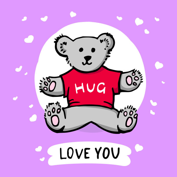 情人节彩色手绘明信片。美丽优雅的结婚卡片。可爱的泰迪熊和拥抱。漂亮的元素和字母图片下载