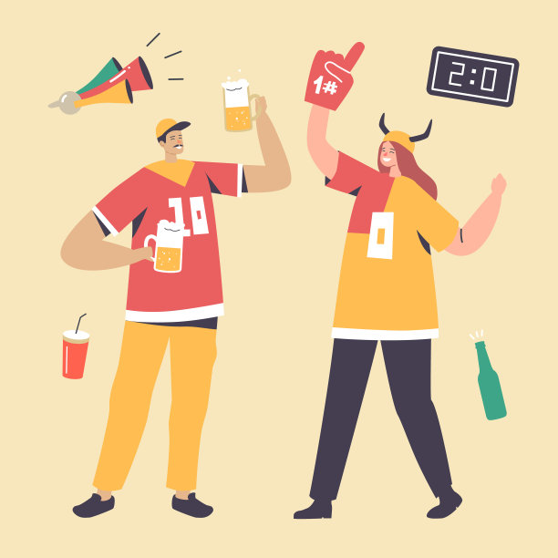 为球队胜利欢呼的球迷，带有滑稽装饰和啤酒的男女角色图片下载