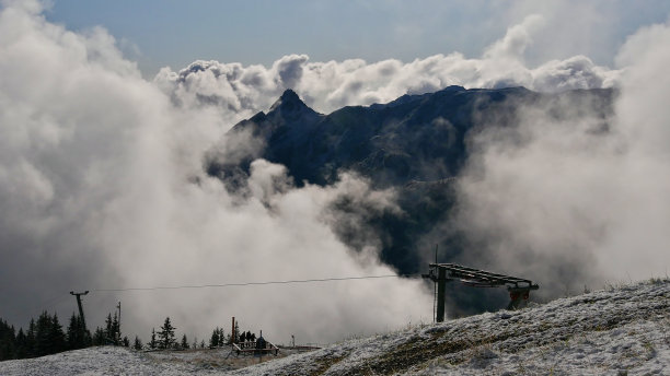 美丽的全景崎岖的高山环绕在蒙塔丰山谷滑雪度假村，奥地利与滑雪升降机和积雪覆盖的草地在阳光明媚的日子。图片下载