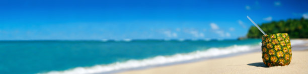 加勒比海滩沙滩上的菠萝鸡尾酒。暑假旅行。热带目的地图片下载