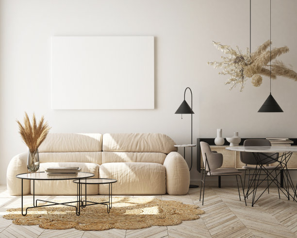 模拟海报框架在现代室内背景，斯堪的纳维亚风格，3D渲染图片下载