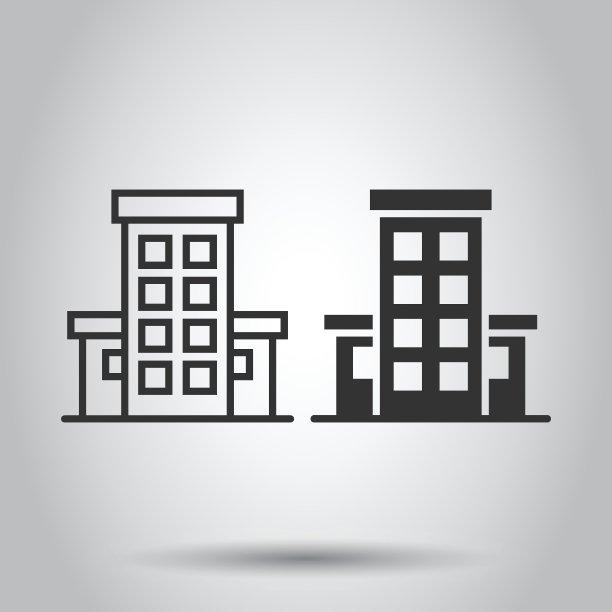 建筑图标在平面风格。城市摩天大楼公寓矢量插图在白色孤立的背景。城市大厦经营理念。图片下载