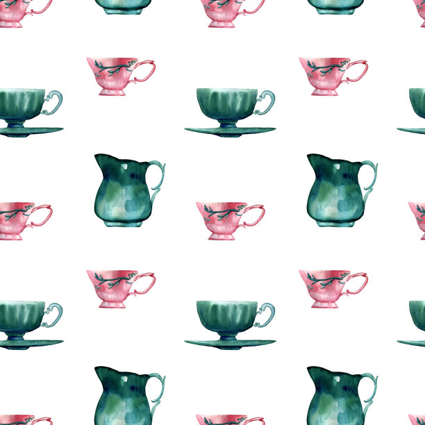 水彩手绘无缝图案包括古董绿松石和粉红色餐具在白色的背景插图。图片下载