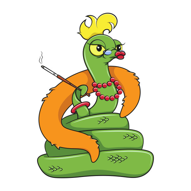 插图上有一条卡通蛇，叼着一根烟，披着毛皮斗篷。彩色矢量隔离对象。图片下载