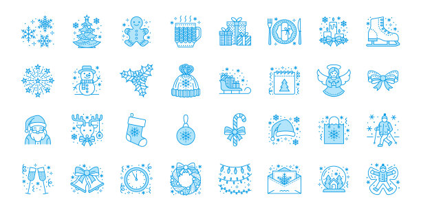 圣诞、新年平线图标。寒假-松树礼物，雪人，圣诞老人，烟花，天使。矢量插图，庆祝圣诞派对的标志。蓝色，可编辑描边图片下载