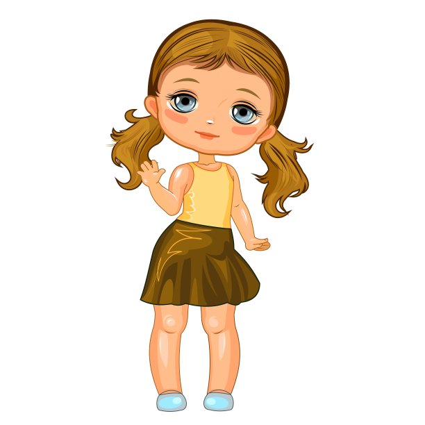 穿着裙子的可爱小女孩。开朗风趣的孩子心情好。白色背景上的孤立物体。年轻的孩子。卡通平的风格。向量图片下载