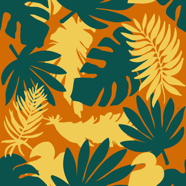 金色和绿色的棕榈树，香蕉和怪物的叶子无缝图案在一个橙色的背景。可爱的矢量背景与热带的叶子。矢量插图在平面风格图片下载