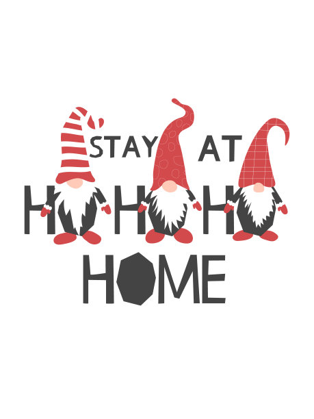 Сhristmas gnomes on white background. Phrase  Stay At Home. Cute scandinavian design. Happy New Year Quarantine design template.Vector illustration with gnome in red hats.图片下载