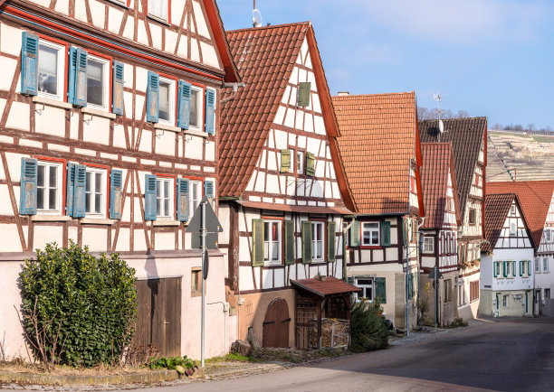 蓝蓝的天空下，村庄街道上维护良好的半木结构房屋图片下载