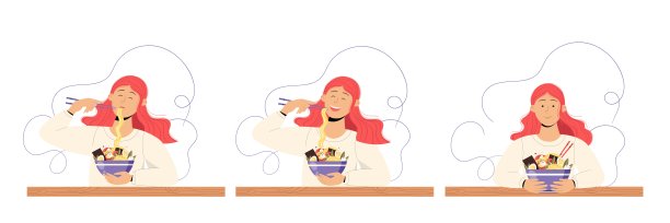 一个女孩正在用筷子吃拉面汤。矢量插图海报，广告，菜单设计图片下载