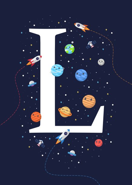 外太空主题的字母L。矢量插图外太空的孩子。图片下载