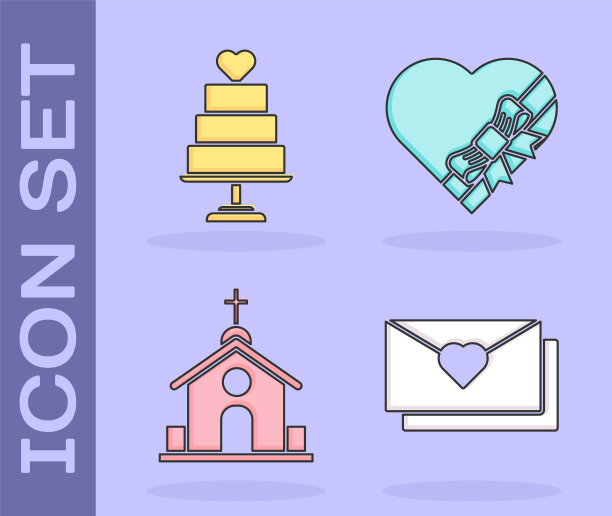心形信封，心形婚礼蛋糕，教堂建筑和糖果在心形盒子和蝴蝶结图标。向量图片下载