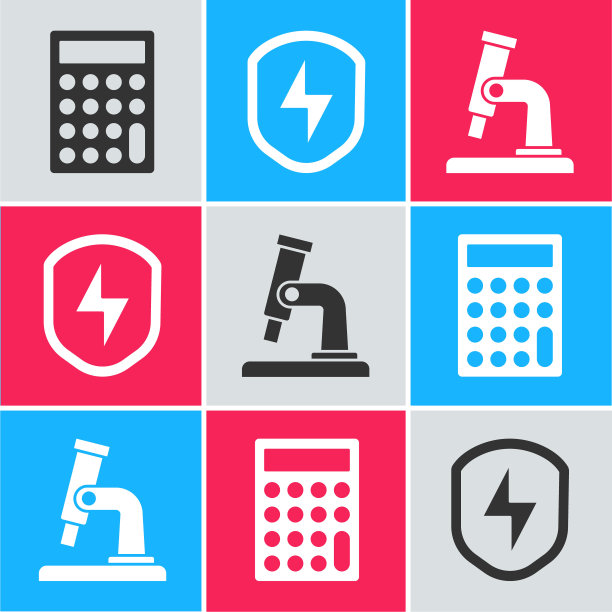 设置计算器，安全盾牌与闪电和显微镜图标。向量图片下载