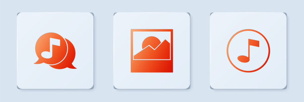 设置照片，音乐音符在语音气泡和音符，音调。白色正方形按钮。向量图片下载