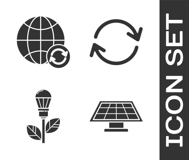 设置太阳能面板，行星地球和回收，灯泡与树叶和刷新图标。向量图片下载