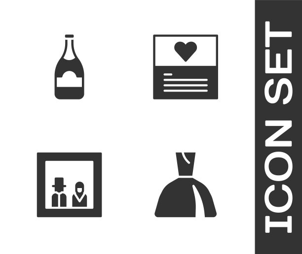 集女子礼服，香槟瓶，家庭照片和贺卡图标。向量图片下载