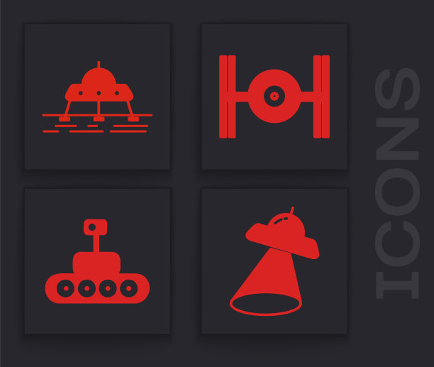 设置飞碟飞行飞船，火星漫游者，宇宙飞船和火星漫游者图标。向量图片下载