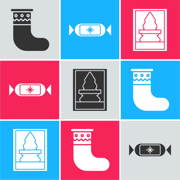 设置圣诞袜，糖果和圣诞明信片图标。向量图片下载