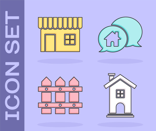 设置家的象征，购物建筑或市场商店，花园篱笆木和房屋建筑在语音气泡图标。向量图片下载