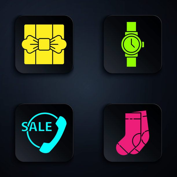 套装袜子，礼品盒，电话24小时支架和手表。黑色方形按钮。向量图片下载