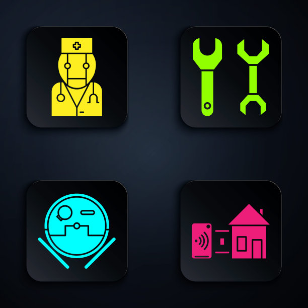 设置智能家居，机器人医生，机器人吸尘器和扳手。黑色方形按钮。向量图片下载