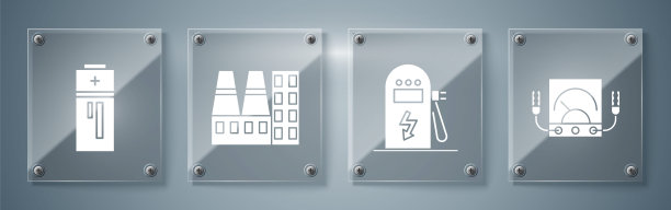 设置安培表、万用表、电压表、电动汽车充电站、电站厂、蓄电池厂。方形玻璃面板。向量图片下载