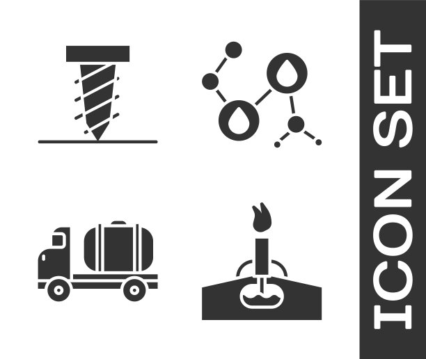 设置石油钻机与火，旋转钻挖洞，油罐车和分子石油图标。向量图片下载