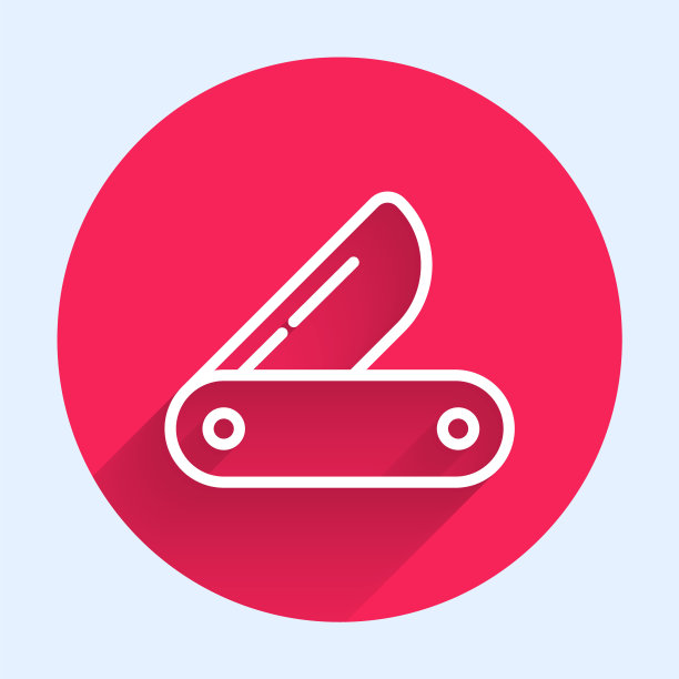 白线瑞士军刀图标孤立与长影子。多刀,多功能小刀。多功能工具。红色圆圈按钮。向量图片下载