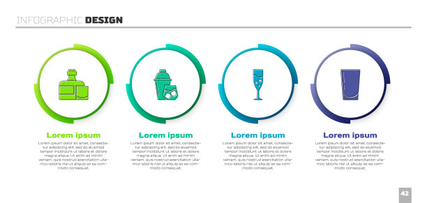 设置威士忌酒瓶和玻璃杯，鸡尾酒调酒器，一杯香槟和水。业务信息模板。向量图片下载