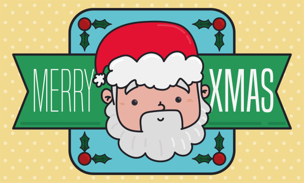 方形按钮与可爱的圣诞老人的脸，槲寄生和丝带图片下载