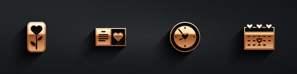 集花玫瑰，情人节派对传单，时钟与心和日历图标与长影子。向量图片下载