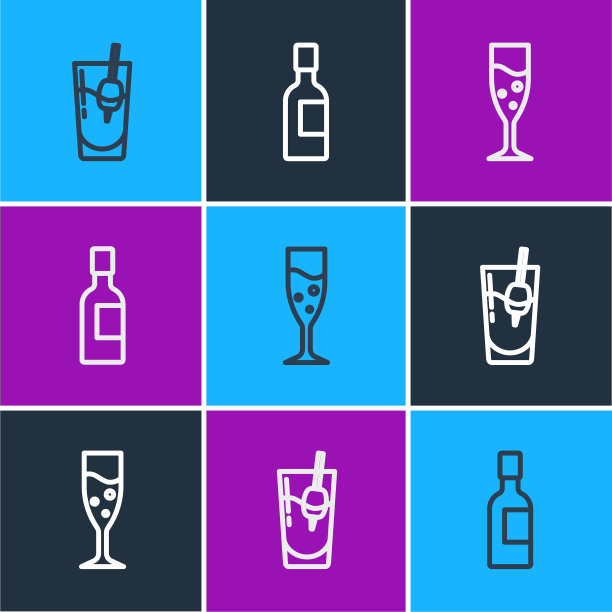 Set line鸡尾酒血腥玛丽，香槟杯和香槟瓶的图标。向量图片下载