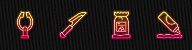 烧烤煤袋，肉夹，刀，番茄酱瓶。发光的霓虹灯图标。向量图片下载