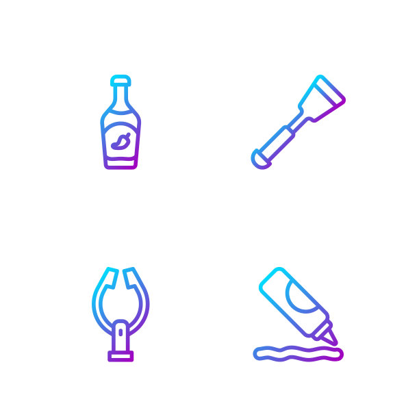 放好番茄酱瓶，肉夹和抹刀。渐变颜色图标。向量图片下载