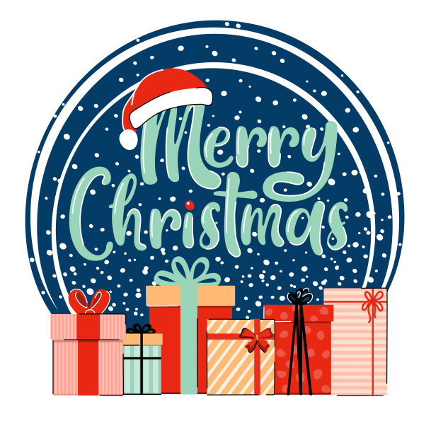 节日贺卡与圣诞快乐的字母和不同的卡通礼物在雪的背景。雪球的概念。矢量插图在平面风格图片下载