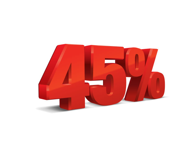 光泽金属45%红色折扣符号。孤立的矢量在背景股票插图。三维，销售，财务数字图片下载