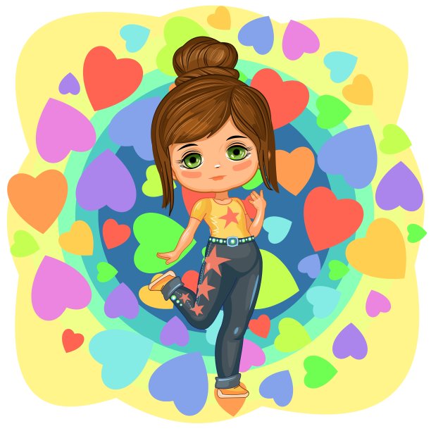 可爱的小女孩穿着缀满星星的牛仔裤。开朗风趣的孩子心情好。白色背景上的孤立物体。穿着沙滩装的婴儿。卡通平的风格。向量图片下载