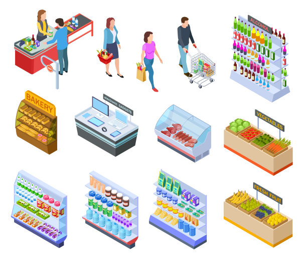 人等距商店。购物杂货店市场顾客超市产品，人在零售商店购买食品三维矢量项目图片下载