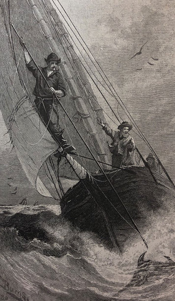 古董插图-男人鱼叉剑鱼在一艘大帆船上图片下载