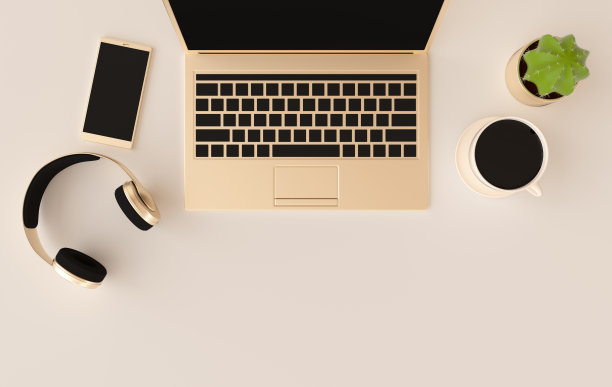笔记本电脑，手机，耳机，咖啡杯3d渲染。远程工作，自由职业，工作空间，禁闭，呆在家里的概念。俯视图图片下载