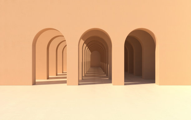 3 d渲染。拱廊简单几何背景，建筑廊道、门洞、拱柱内空墙。现代的最小概念图片下载
