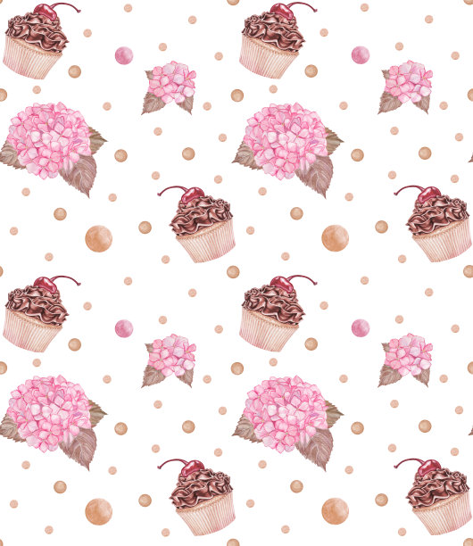 水彩甜蜜无缝图案，糖果背景，巧克力纸杯蛋糕与绣球花，糖果设计图案，包装纸，温柔的墙纸图片下载