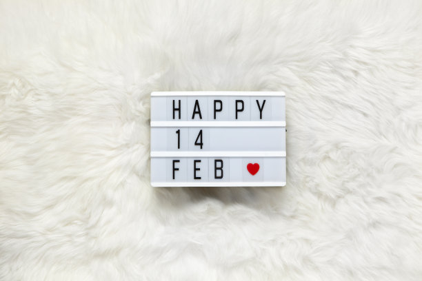 乳白色毛皮地毯上刻有“二月十四日快乐”字样的灯箱花束。情人节。平的。前视图。2月14日庆祝概念。最小的风格。水平图片下载