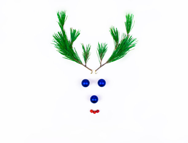 圣诞鹿头由松枝和圣诞球在白色的背景。圣诞节和新年的极简主义概念。图片下载
