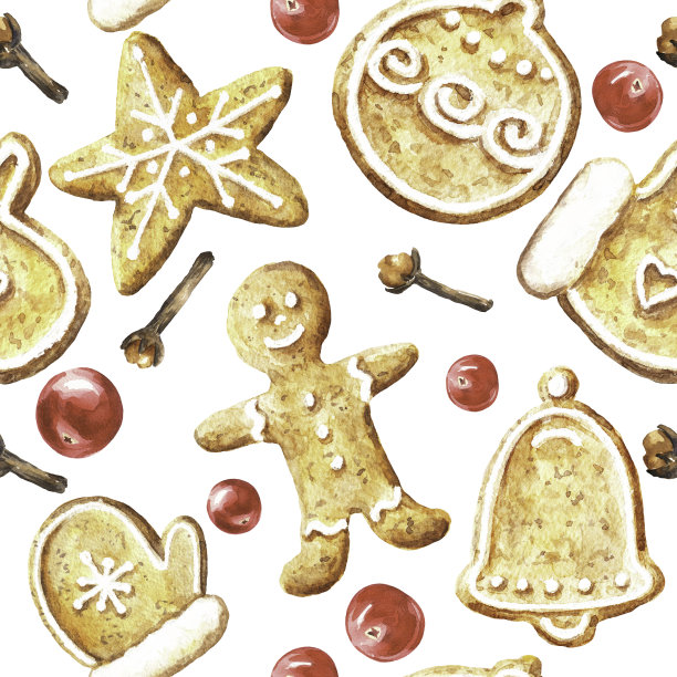 水彩圣诞食品无缝模式与姜饼饼干和浆果。手绘水彩插图。图片下载