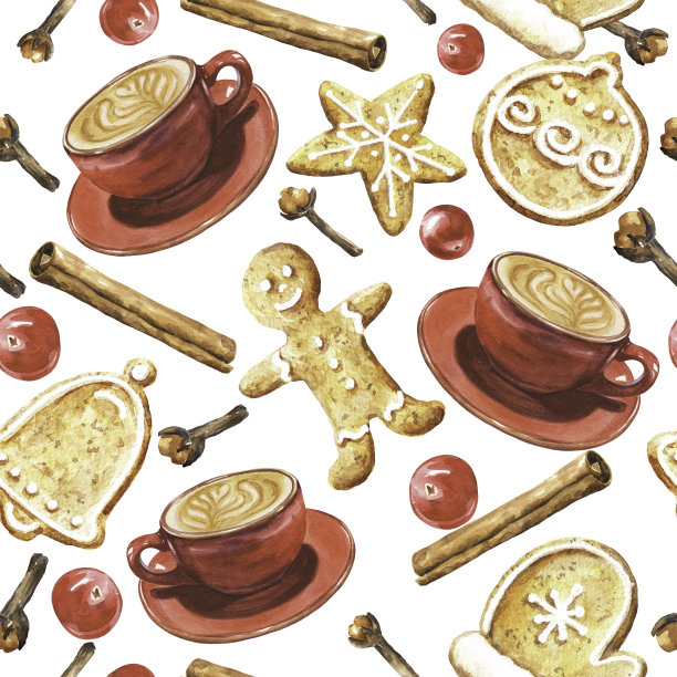 水彩圣诞食品无缝模式与咖啡，姜饼饼干和浆果。手绘水彩插图。图片下载