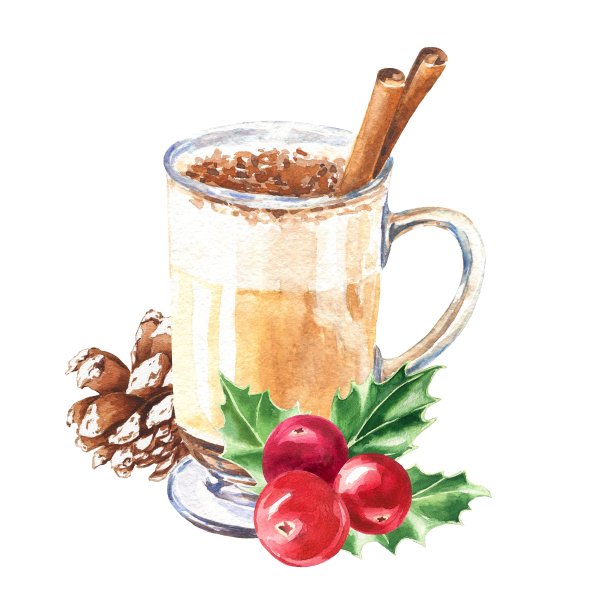 水彩圣诞咖啡与肉桂和冬青浆果在白色的背景。手绘水彩插图。图片下载